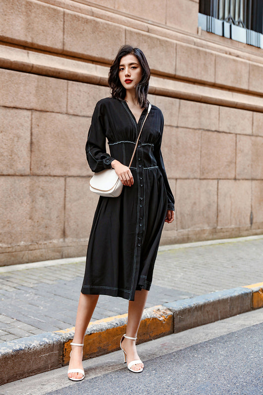 Vestido Largo Retro Ajustado con Botones Simples para Mujer - Image 12