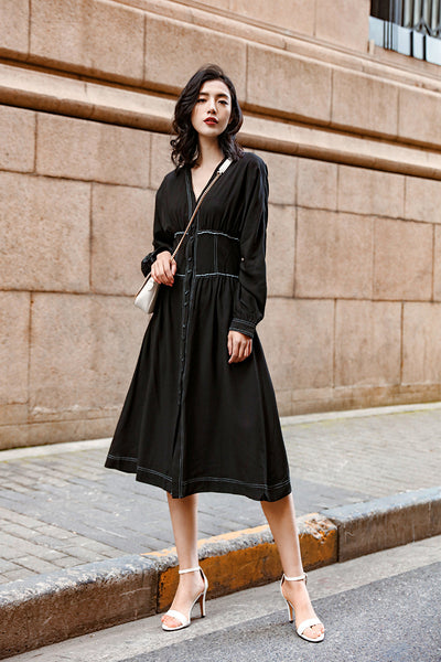 Vestido Largo Retro Ajustado con Botones Simples para Mujer - Image 13