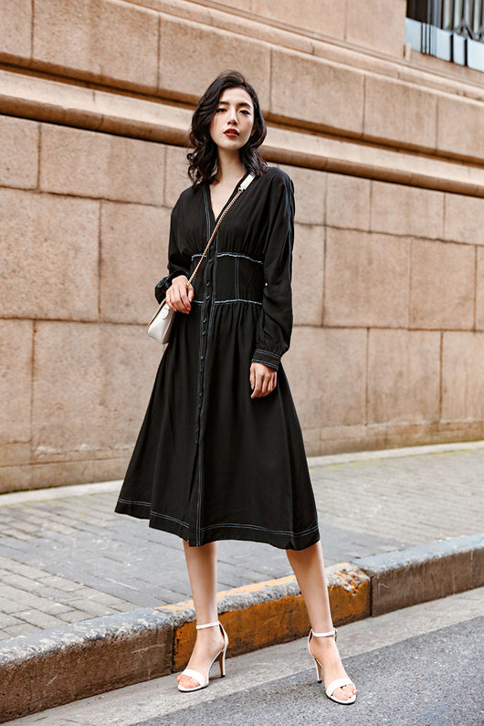 Vestido Largo Retro Ajustado con Botones Simples para Mujer - Image 13