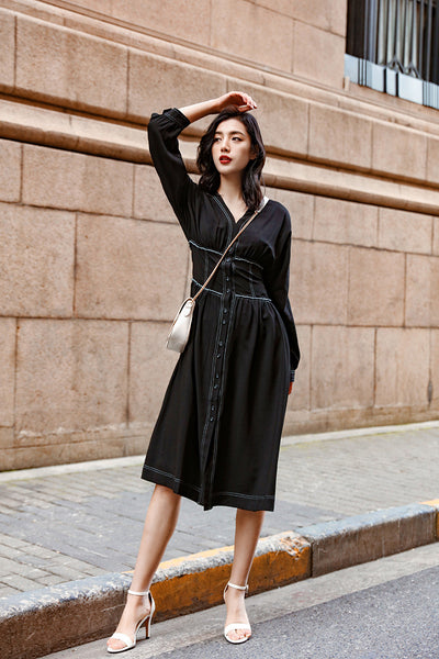 Vestido Largo Retro Ajustado con Botones Simples para Mujer - Image 14