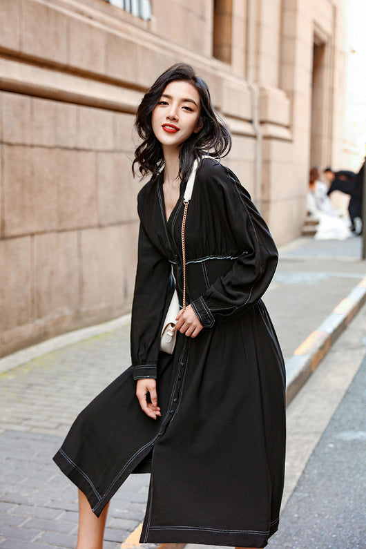 Vestido Largo Retro Ajustado con Botones Simples para Mujer - Image 15