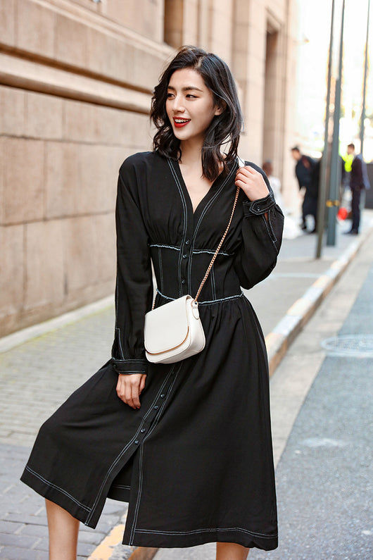 Vestido Largo Retro Ajustado con Botones Simples para Mujer - Image 16