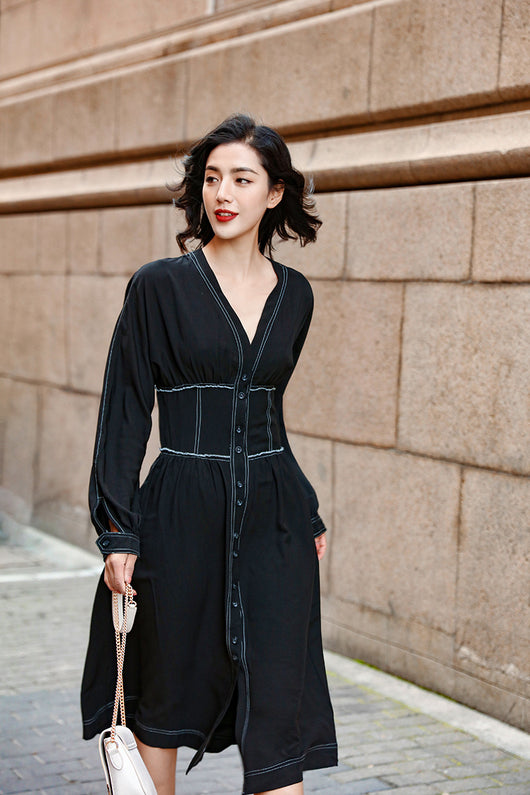 Vestido Largo Retro Ajustado con Botones Simples para Mujer - Image 17