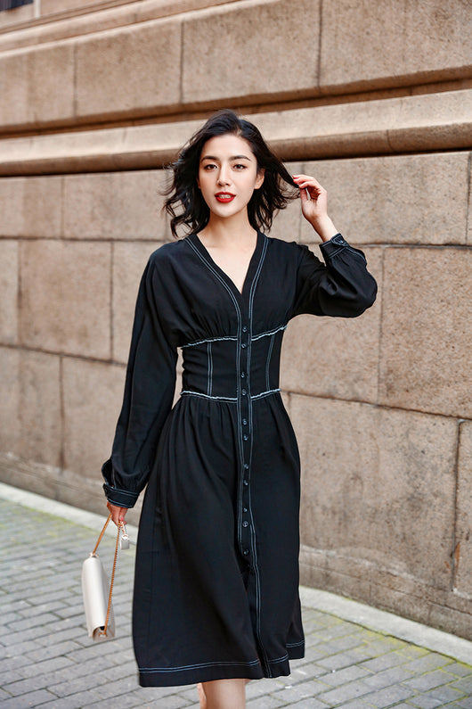Vestido Largo Retro Ajustado con Botones Simples para Mujer - Image 18