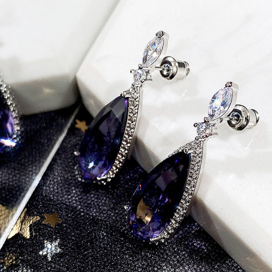 Aretes de Novia Largos con Circón Púrpura Micro Incrustado para Mujer - Image 12
