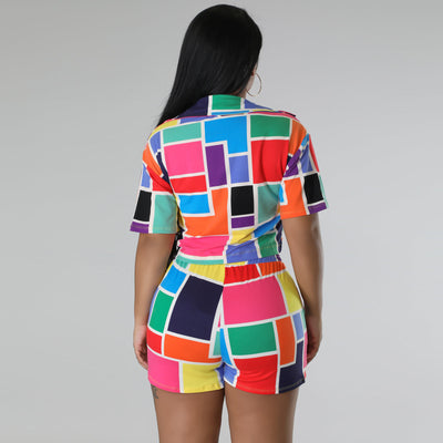 Conjunto de Dos Piezas Cuadros Cintura Alta Manga Corta Casual Mujer - Image 12