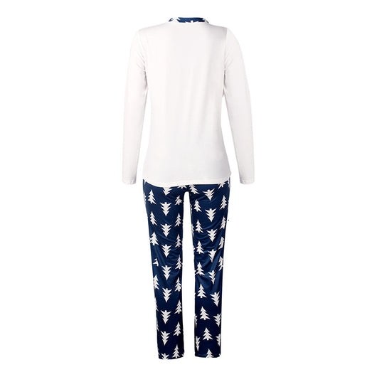 Family matching Christmas pajamas: white long-sleeve tops with 'Rockin' around THE Christmas TREE' text and blue pants with white Christmas tree patterns for da - Image 9