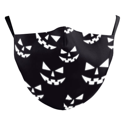 Black double-layer face mask with a repeating pattern of glowing white jack-o'-lantern faces and ear hooks. - Image 12