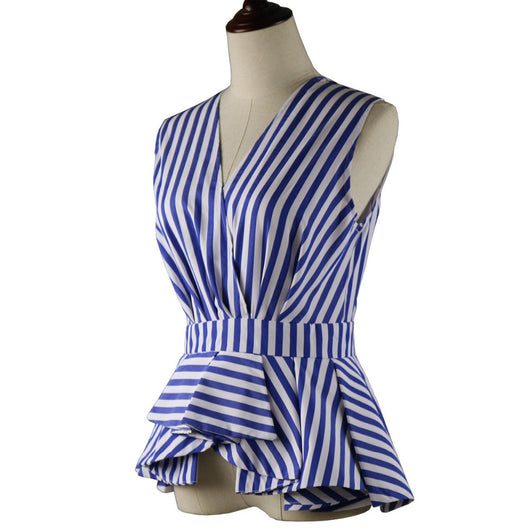 Blusa sin mangas cuello en V con volantes y rayas - Image 16
