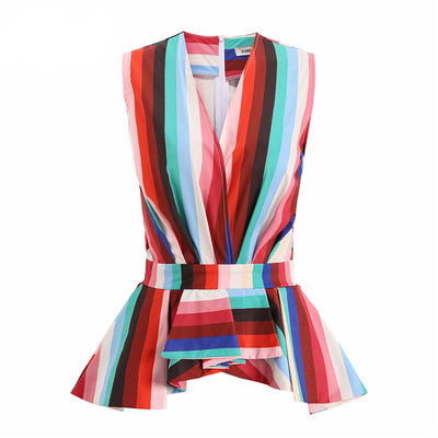 Blusa sin mangas cuello en V con volantes y rayas - Image 17