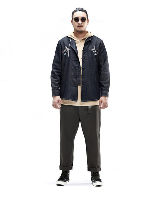 Camisa Denim Holgada con Bordado de Grúa Estilo Chino - Tallas Grandes - Image 6