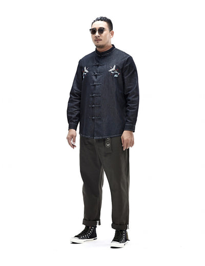 Camisa Denim Holgada con Bordado de Grúa Estilo Chino - Tallas Grandes - Image 7