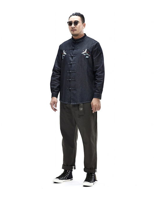 Camisa Denim Holgada con Bordado de Grúa Estilo Chino - Tallas Grandes - Image 7
