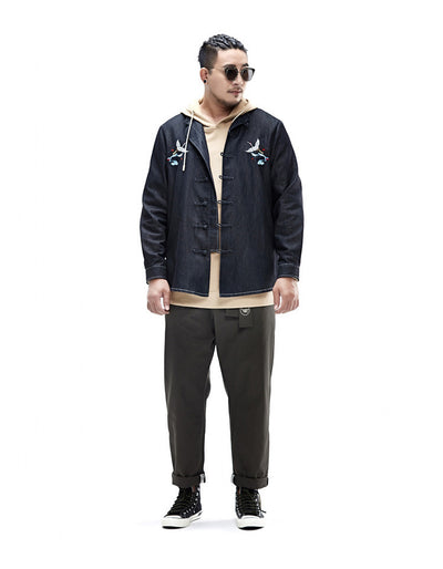 Camisa Denim Holgada con Bordado de Grúa Estilo Chino - Tallas Grandes - Image 8