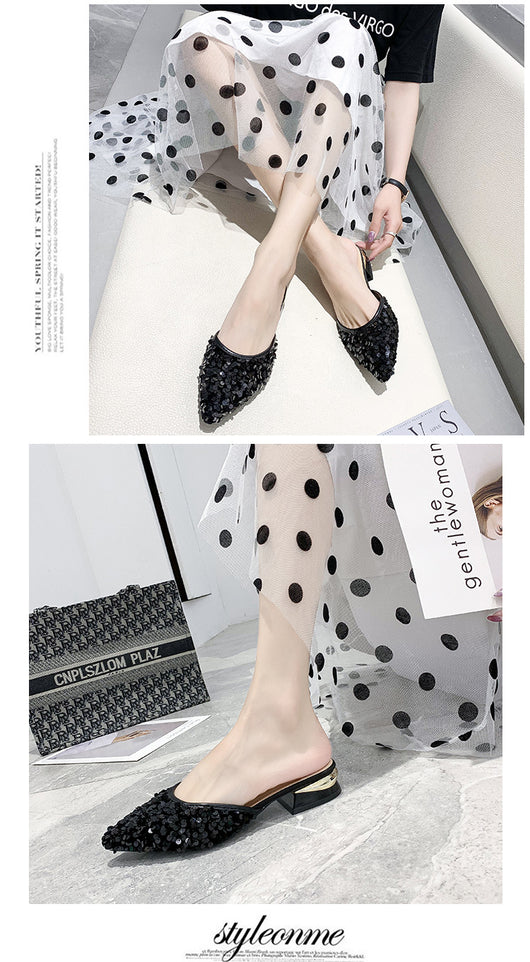 Pantuflas Elegantes con Lentejuelas, Punta Afilada y Tacón Grueso para Mujer - Image 8