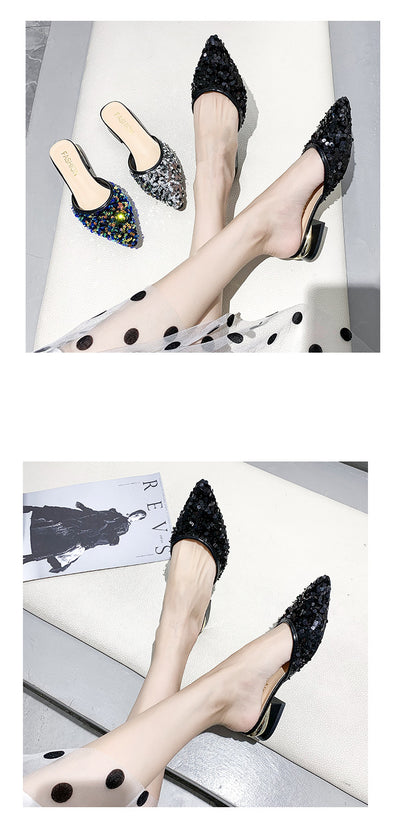 Pantuflas Elegantes con Lentejuelas, Punta Afilada y Tacón Grueso para Mujer - Image 9