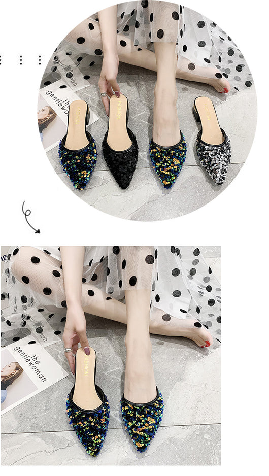 Pantuflas Elegantes con Lentejuelas, Punta Afilada y Tacón Grueso para Mujer - Image 10