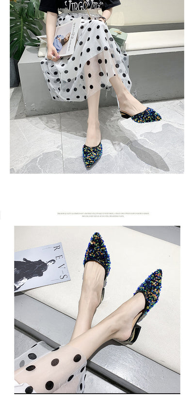 Pantuflas Elegantes con Lentejuelas, Punta Afilada y Tacón Grueso para Mujer - Image 12