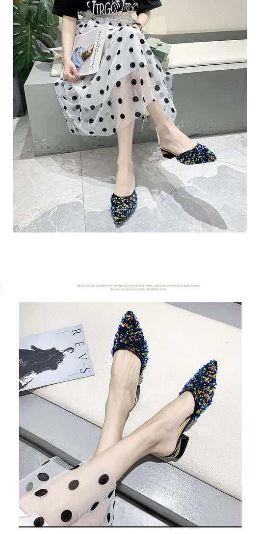 Pantuflas Elegantes con Lentejuelas, Punta Afilada y Tacón Grueso para Mujer - Image 12