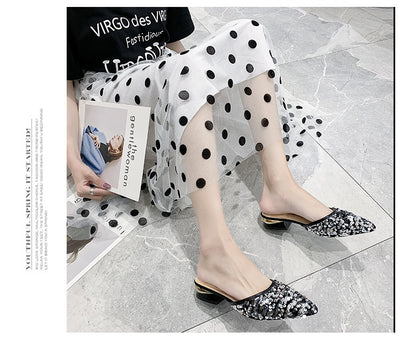 Pantuflas Elegantes con Lentejuelas, Punta Afilada y Tacón Grueso para Mujer - Image 13