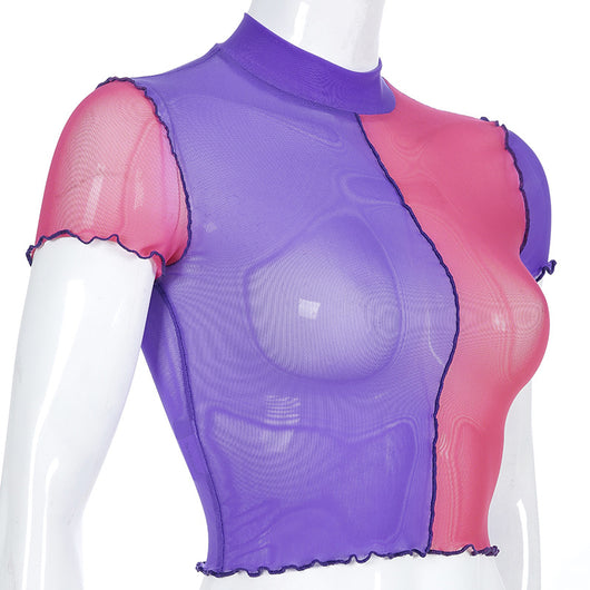 Blusa de Malla con Costuras Bicolor de Manga Corta - Image 8