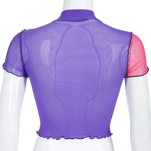 Blusa de Malla con Costuras Bicolor de Manga Corta - Image 10