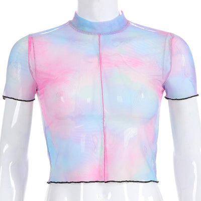 Blusa de Malla con Costuras Bicolor de Manga Corta - Image 11