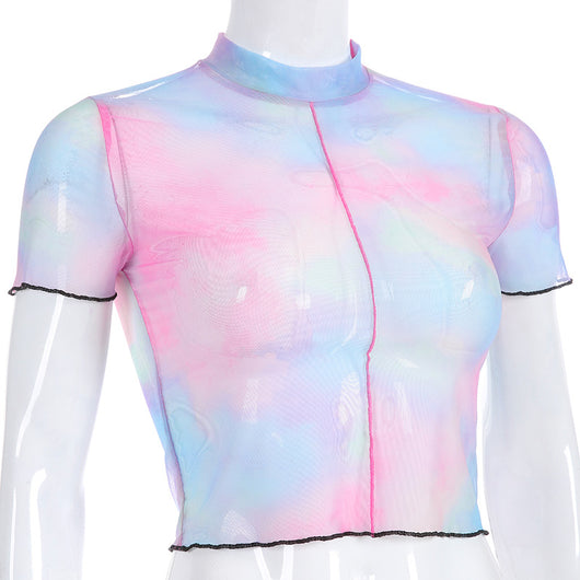 Blusa de Malla con Costuras Bicolor de Manga Corta - Image 12