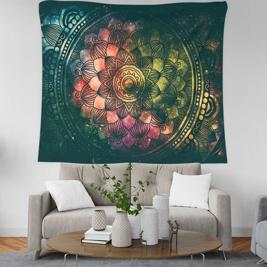 Vibrant mandala galaxy tapestry wall hanging with colorful geometric abstract pattern, displayed above a sofa.