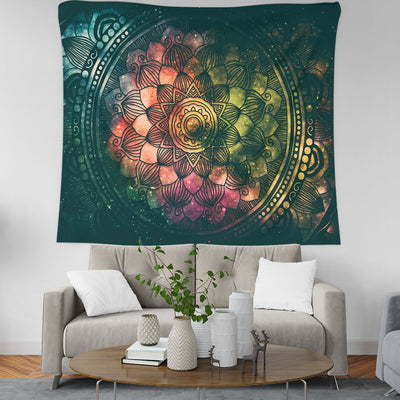 Vibrant mandala galaxy tapestry wall hanging with colorful geometric abstract pattern, displayed above a sofa.