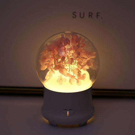 White aromatherapy machine with a clear dome top, featuring blue preserved flowers and an aqua glow. Includes 'LIGHT' and 'MIST' controls. - Image 16