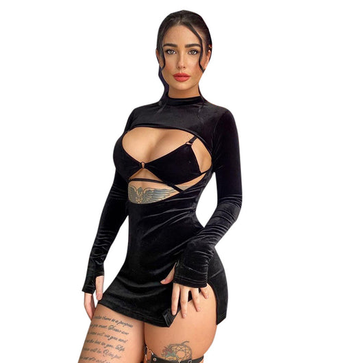 Vestido Corto Terciopelo Negro con Encaje Calado y Cordones - Image 20