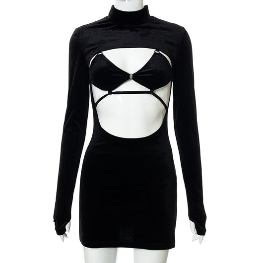 Vestido Corto Terciopelo Negro con Encaje Calado y Cordones - Image 21