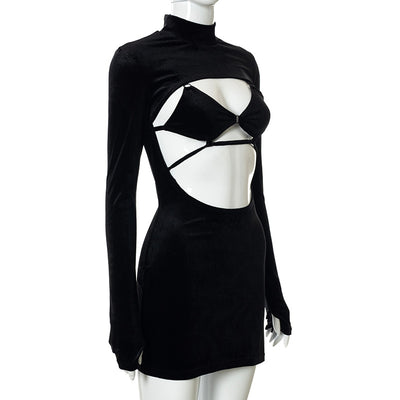 Vestido Corto Terciopelo Negro con Encaje Calado y Cordones - Image 22