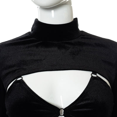 Vestido Corto Terciopelo Negro con Encaje Calado y Cordones - Image 24