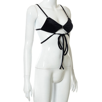 Vestido Corto Terciopelo Negro con Encaje Calado y Cordones - Image 27