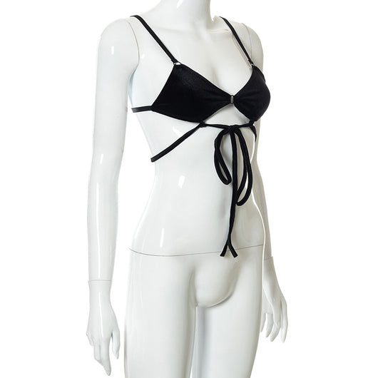 Vestido Corto Terciopelo Negro con Encaje Calado y Cordones - Image 27