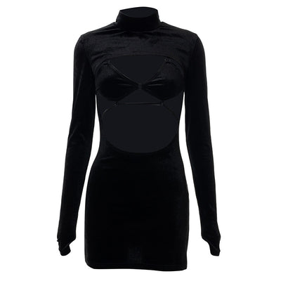Vestido Corto Terciopelo Negro con Encaje Calado y Cordones - Image 29