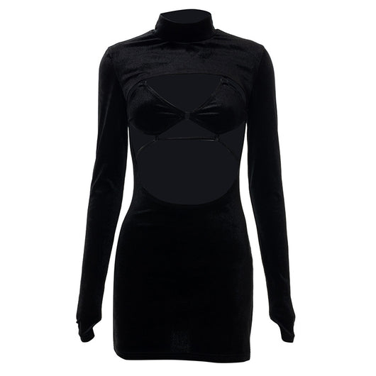 Vestido Corto Terciopelo Negro con Encaje Calado y Cordones - Image 29