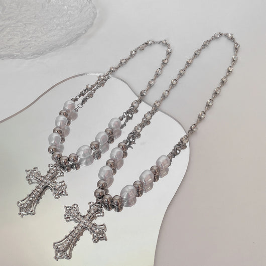 Cadena de Clavícula Hip Hop con Cruz de Diamantes y Perlas - Image 9