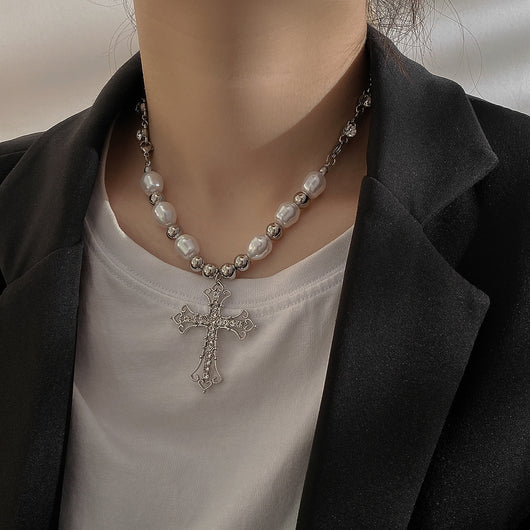 Cadena de Clavícula Hip Hop con Cruz de Diamantes y Perlas - Image 12