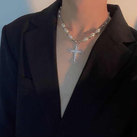 Cadena de Clavícula Hip Hop con Cruz de Diamantes y Perlas - Image 13