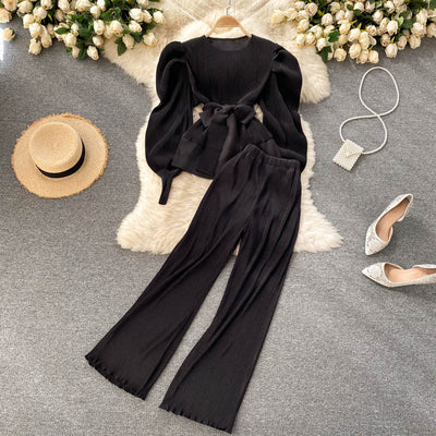 Conjunto Elegante: Blusa de Gasa con Mangas Abullonadas y Pantalón Ancho - Image 6