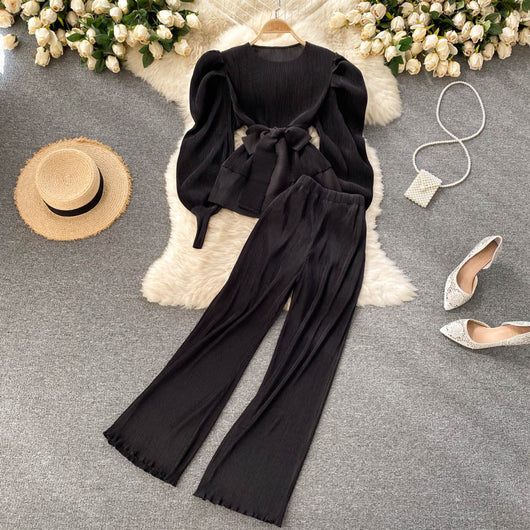 Conjunto Elegante: Blusa de Gasa con Mangas Abullonadas y Pantalón Ancho - Image 6