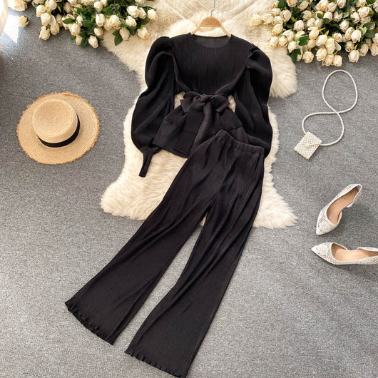 Conjunto Elegante: Blusa de Gasa con Mangas Abullonadas y Pantalón Ancho - Image 7