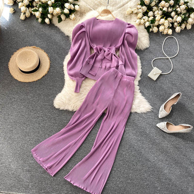 Conjunto Elegante: Blusa de Gasa con Mangas Abullonadas y Pantalón Ancho - Image 9