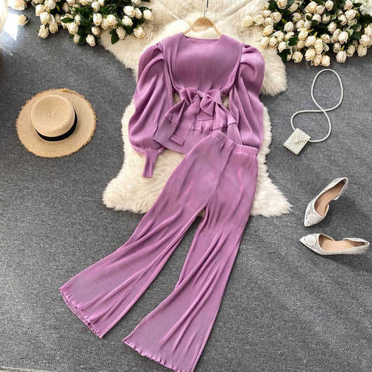 Conjunto Elegante: Blusa de Gasa con Mangas Abullonadas y Pantalón Ancho - Image 9