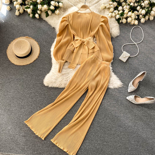 Conjunto Elegante: Blusa de Gasa con Mangas Abullonadas y Pantalón Ancho - Image 11