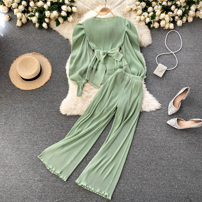 Conjunto Elegante: Blusa de Gasa con Mangas Abullonadas y Pantalón Ancho - Image 12