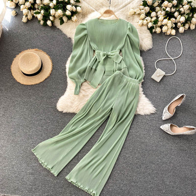 Conjunto Elegante: Blusa de Gasa con Mangas Abullonadas y Pantalón Ancho - Image 13